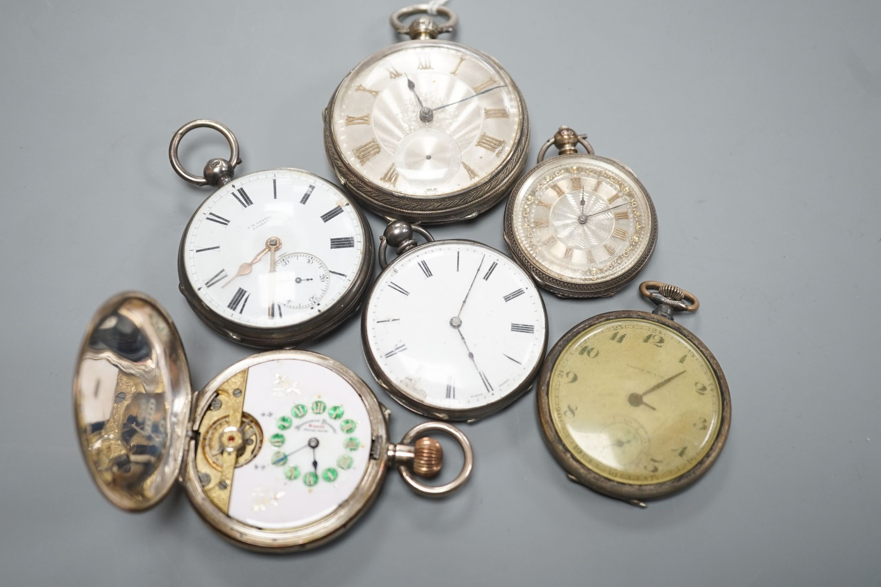 Six assorted late Victorian and later silver or white metal pocket watches, including J.W. Benson.